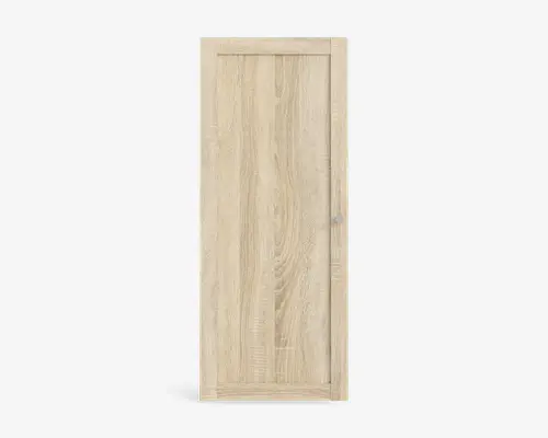 Rektangulær dørplade med lys egetræsfinish og lodret træstruktur. Døren har et enkelt, moderne design med en rund, metallisk knop i højre side. Rammen er let hævet og giver døren en diskret kant.