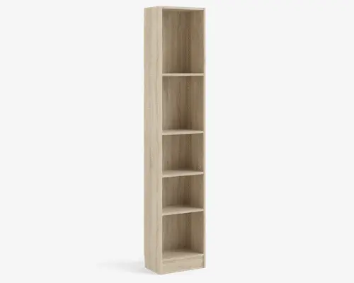 Høj, smal reolenhed med lys træfinish og fem justerbare hylder. Siderne har forborede huller, så hyldernes højde kan tilpasses. Designet er minimalistisk og pladsbesparende, velegnet til små eller smalle rum.