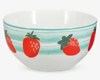 Hvid keramikskål med et mønster af lyserøde jordbær med grønne blade rundt om ydersiden. Jordbærrene er placeret på en baggrund af vandrette turkise striber, hvilket giver skålen et legende og farverigt udseende. Skålens inderside er ensfarvet hvid.