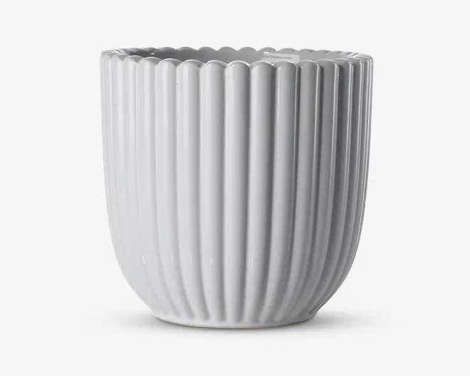 En hvid keramisk beholder med blank overflade, lodrette riller og bølget kant. Designet er moderne og elegant med en cylindrisk form, der smalner let ind mod bunden.