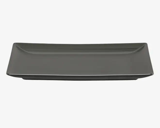 Rektangulær tallerken med let hævede kanter, udført i en glat, mat mørkegrå farve. Tallerkenen har et moderne, minimalistisk design med rene linjer og en flad overflade, velegnet til servering af forretter eller hovedretter.