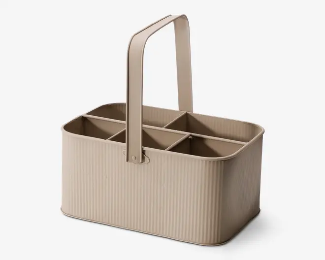 Rektangulær beige organizer med et højt, solidt håndtag og seks lige store rum. Ydersiden har en diskret lodret rillet struktur, og hjørnerne er blødt afrundede. Fremstillet af et robust materiale, velegnet til at bære eller opbevare forskellige genstande.