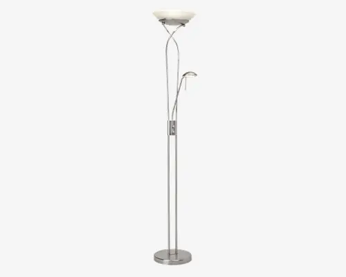 Høj, moderne standerlampe med børstet nikkelfinish. Lampen har en rund, stabil fod og en slank stang, der forgrener sig i tre buede arme nær toppen. Hovedarmen bærer en stor, opadrettet skærm i mat glas, mens to mindre arme hver har en mindre, matchende skærm i mat glas for ekstra belysning. Designet er elegant og moderne, velegnet til stue eller kontor.