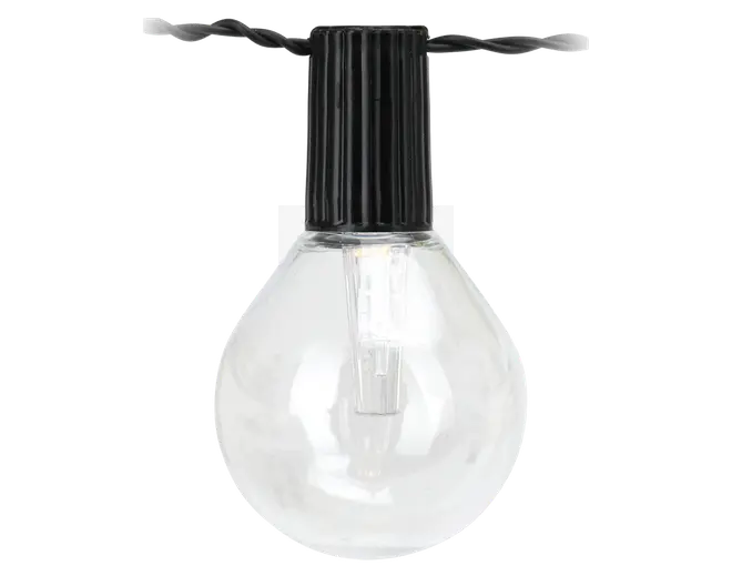 En klar rund pære med synlig glødetråd indeni, monteret i en sort plastfatning. Fatningen har riller for bedre greb og er forbundet til en snoet sort ledning, velegnet til lyskæder. Pæren har en glat glasoverflade og en klassisk kugleform.