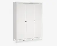 En stor, fritstående enhed med et minimalistisk design, der har tre høje, flade låger i mat hvid finish. Hver låge har en lille, rund metalknop for nem åbning. Enheden står på korte ben, hvilket giver en let hævning fra gulvet, og har et rent, moderne udseende uden synlige hængsler eller dekorative elementer.