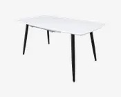 Rektangulært bord med en glat, hvid bordplade og fire slanke, skråtstillede sorte metalben. Bordet har et minimalistisk design med let afrundede hjørner og en tynd profil, velegnet til moderne indretning.