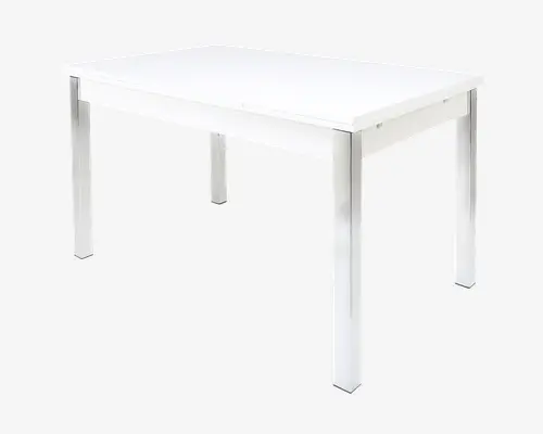 Rektangulært bord med blank, hvid bordplade og solide, lige ben i krommetal. Designet er moderne og minimalistisk med rene linjer og en glat overflade. Bordet fremstår robust og har en rummelig overflade, der egner sig til både spisning og arbejde.