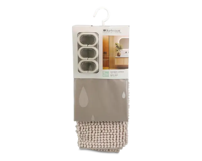 Sættet indeholder et beige badeforhæng med diskrete vanddråbemønstre og en matchende bademåtte med en blød, tekstureret overflade af løkker for komfort og god sugeevne. Pakken indeholder også tre ovale gardinringe for nem montering. Det samlede design er neutralt og moderne, velegnet til forskellige badeværelsesstile.