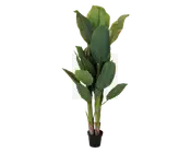 Høj kunstig plante med store, aflange grønne blade, der har realistiske årer og tekstur. Bladene er arrangeret i flere lag, hvilket giver et fyldigt og frodigt udseende. Planten står i en lille, enkel sort potte, og stænglerne har en naturlig farveovergang fra grøn til brun ved bunden.