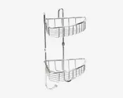 Et vægmonteret metalstativ med to hylder i blank krom. Hver hylde er formet som et kvarte cirkelkurv med åbne sider og bund, så vand kan løbe fra, og passer ind i et hjørne. Stativet har en solid lodret stang og kroge nederst til ophæng af for eksempel vaskeklude eller badesvampe.