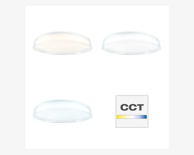 Tre runde, flade loftarmaturer vises, hver med forskellig lysfarvetemperatur: varm hvid, neutral hvid og kold hvid. Armaturerne har et glat, mat dæksel, der giver diffust lys. Et lille ikon med teksten 'CCT' og en gradient fra gul til blå viser, at farvetemperaturen kan justeres.