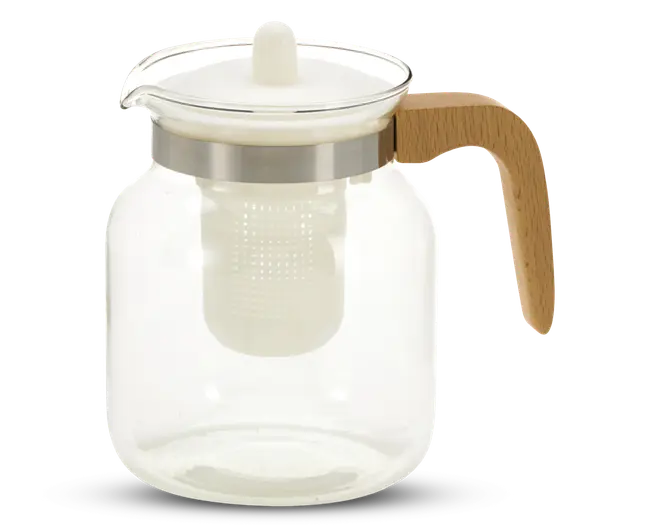 Klar glaskande med bred cylindrisk krop og flad bund, udstyret med et aftageligt finmasket filter til løse teblade. Låget er hvidt med en central knop for nem løftning, og håndtaget er lavet af lyst træ, ergonomisk formet for et behageligt greb. Kanten er forstærket med et bånd af rustfrit stål for ekstra holdbarhed.