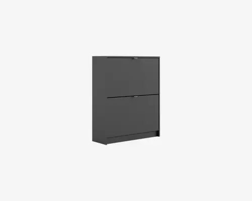 Elegant, moderne skab med mat mørkegrå finish. Har to store frontpaneler med diskrete vandrette greb for nem åbning. Designet er minimalistisk med rene linjer og en flad top, velegnet til moderne indretning.