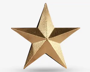 En femtakket stjerne i metallisk guld med et tredimensionelt, hævet design. Overfladen har en tekstureret, hamret finish, hvilket giver den et let ru udseende. Hver spids på stjernen er skarpt defineret, og stjernen har en blank, reflekterende kvalitet.