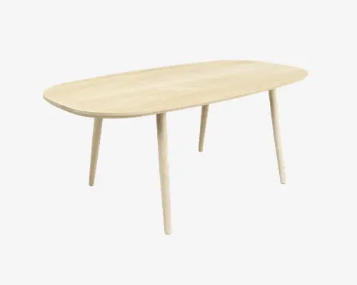 Bord i lyst træ med en aflang, oval bordplade og blødt afrundede kanter. Bordet har fire let tilspidsede, udadskrånende ben, hvilket giver det et minimalistisk og moderne skandinavisk udtryk. Overfladen er glat, og træets naturlige årer er synlige, hvilket tilføjer en varm og organisk fornemmelse.