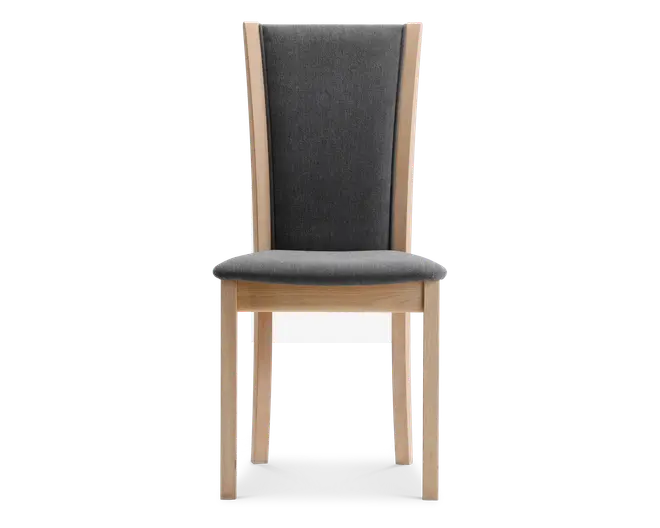 Stol med høj, let buet ryg, der er polstret med mørkegråt stof. Sædet er også polstret og betrukket med samme mørkegrå stof. Stel og ben er lavet af lyst træ, hvilket giver en moderne kontrast til polstringen. Designet er slankt og moderne med rene linjer og en komfortabel, støttende ryg.