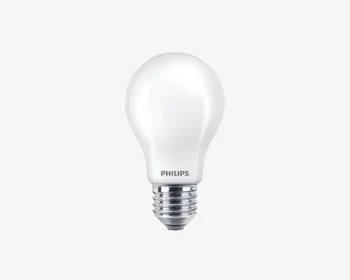 Mat glas lyspære med standard A-form og E27 skruefatning. Pæren har en glat, rund top og en metal skruefod. Mærket 'PHILIPS' er trykt nær bunden. Overfladen er mat, hvilket giver en jævn lysfordeling.