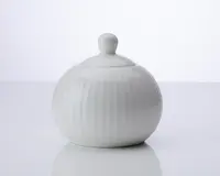 Rund, hvid keramisk beholder med tilhørende låg, der har et knopformet håndtag. Beholderen har diskrete lodrette riller, som giver tekstur, og det samlede design er glat og minimalistisk.