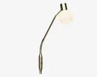 En moderne vægmonteret lampe med en fleksibel, metal gooseneck-arm og en rund, mat glas skærm. Lampen har en blank metalfinish og et enkelt, minimalistisk design, der gør det muligt at rette lyset efter behov.