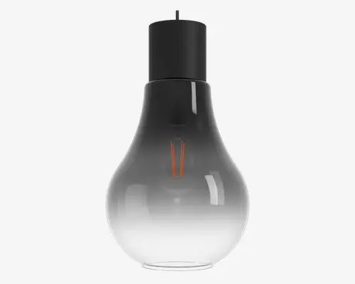 Loftlampe med en pæreformet glasskærm, der går fra mørkt røgfarvet glas øverst til klart glas nederst. Lampen har en mat sort fatning og en synlig orange glødetråd indeni, hvilket giver et moderne og industrielt udtryk.