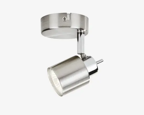 Justerbar spotlight i børstet sølv med cylindrisk lampehoved, forkromet monteringsarm og rund loftsroset.