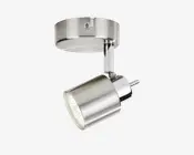 Justerbar spotlight i børstet sølv med cylindrisk lampehoved, forkromet monteringsarm og rund loftsroset.