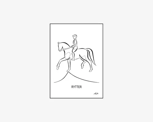 Minimalistisk stregtegning, der viser en person, der rider på en hest, begge tegnet med enkle, sammenhængende sorte linjer på hvid baggrund. Rytteren bærer hjelm og sidder oprejst på hesten. Under illustrationen står ordet 'RYTTER' med store bogstaver. Stilen er enkel og moderne, velegnet som vægkunst.