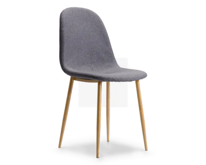 Stol med glat, buet ryglæn og sæde betrukket med gråt stof. Sædet er formet for øget komfort. Stolen har fire slanke, let skråtstillede ben i lyst træ, hvilket giver et moderne og minimalistisk udtryk.