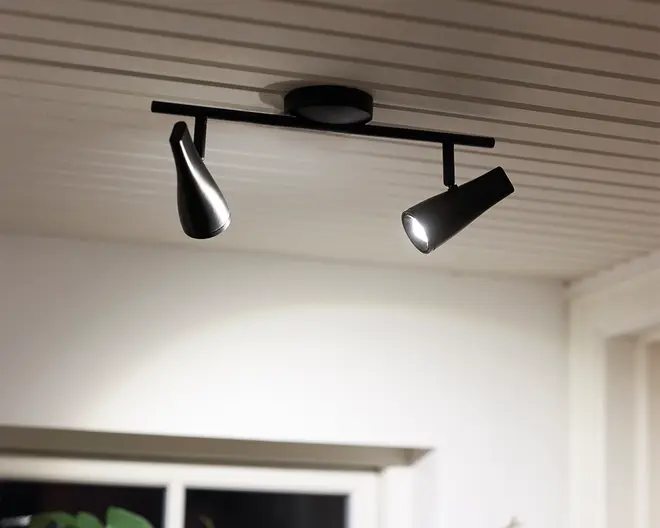 Loftmonteret lampe med to justerbare, kegleformede spotlys fastgjort til en vandret stang. Lampen har en mat sort finish og giver mulighed for retningsbestemt belysning. Spotlysene kan drejes og vinkles, så lyset kan fokuseres, hvor det er nødvendigt, hvilket gør den velegnet til accent- eller arbejdsbelysning.