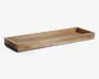 Rektangulær bakke i træ med lave kanter og naturlig træstruktur. Bakken har et enkelt, minimalistisk design med glatte kanter og en flad bund, velegnet til organisering eller udstilling af genstande.