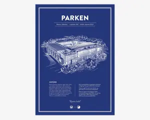 En plakat med en blueprint-lignende illustration af et stadion, der viser detaljeret stregtegning af bygningen og omkringliggende træer på en dybblå baggrund. Øverst på plakaten står 'PARKEN' med store hvide bogstaver, efterfulgt af oplysninger om placering, åbningsdato og kapacitet. Nederst er der en kort historisk tekst og nøglefakta om stadionet med hvid skrift, samt et citat og små ikoner nederst. Designet er stilrent og moderne med en hvid dobbeltkant rundt om plakaten.
