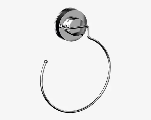 Væghængt, cirkulær holder med blank kromfinish. Designet har en rund baseplade og en glat, åbent ring, der gør det nemt at hænge og tage ting af. Overfladen er reflekterende og modstandsdygtig over for korrosion, velegnet til moderne badeværelse eller køkkenindretning.
