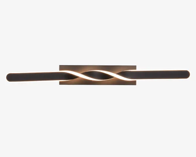 Elegant, moderne vægmonteret lampe med et langt, horisontalt stangdesign. Lampen har en mat sort finish og en karakteristisk snoet, bølgeformet lysstribe i midten, som giver et stilfuldt og nutidigt udtryk. Enderne på stangen er afrundede, og lyset udsender en blød, varm glød, der er ideel som accent- eller spejlbelysning.