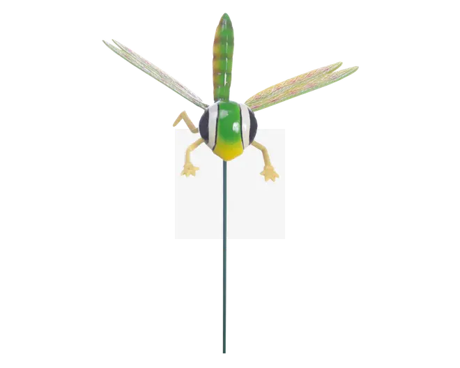 Dekorativ havepind formet som en guldsmed med grøn og gul krop, sorte og hvide detaljer, to store gennemsigtige vinger med et strejf af iriserende farver samt tynde metalben. Guldsmeden er monteret på en slank metalstang, så den nemt kan placeres i jorden.