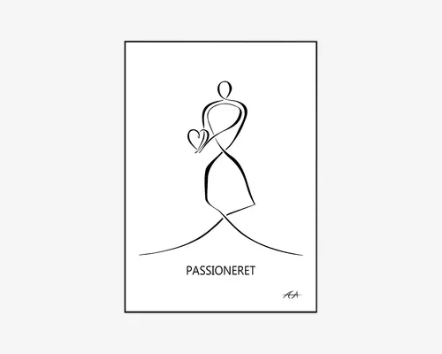 Minimalistisk stregtegning, der viser en stiliseret menneskefigur med bløde, buede linjer. Figuren holder et hjerte tæt ind til brystet, hvilket symboliserer passion eller kærlighed. Linjerne er enkle og elegante, og designet er abstrakt. Ordet 'PASSIONERET' står under figuren, og der er en lille kunstnersignatur i nederste højre hjørne.