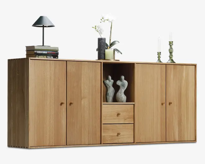 Reolopstilling med døre og skuffer oileret eg