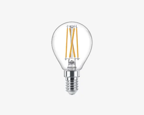Klar glaspære med rund form, der har fire lodrette gule LED-filamenter indeni for et vintage udseende. Soklen er af metal med skruefatning, der passer til standardsokler. Philips-logoet er trykt på den nederste del af pæren.