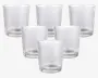 Sæt med seks klare drikkeglas med struktureret diamantmønster, lige sider og tykke, vægtede bunde.