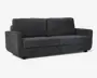 En moderne, mørkegrå sofa med polstret betræk og et minimalistisk design. Sofaen har to store, rektangulære ryghynder og to sædehynder samt let skrånende armlæn for ekstra komfort. Stoffet ser blødt og slidstærkt ud, og sofaen står på korte, solide ben. Der er en synlig trækstrop foran, hvilket indikerer en skjult funktion som sovesofa eller opbevaringsrum.