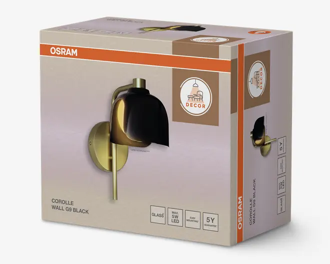 Emballagen viser en vægmonteret lampe med et moderne design, der har en rund base i messingfarve og en elegant sort glasskærm. Lampen er egnet til en maksimal 5W LED-pære, er lavet af glas og leveres med 5 års garanti. Boksen fremhæver nem montering og indeholder branding samt produktinformationer.