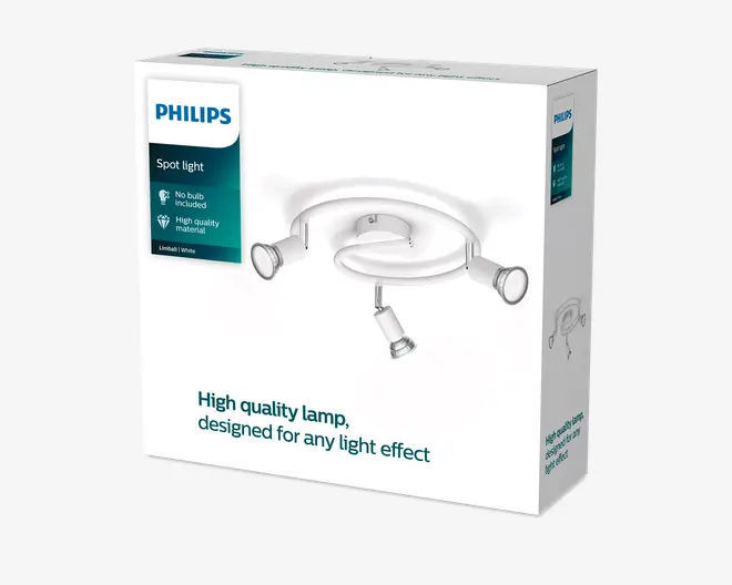 Hvid Philips-emballage med turkis mærkat på siden med teksten “Spot light”, der viser en hvid loftsspot med tre hoveder samt teksten “High quality lamp designed for any light effect.”