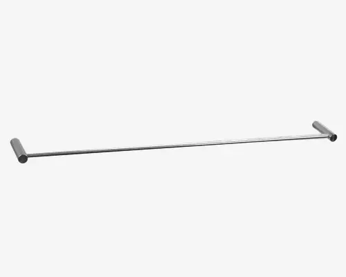 Elegant og moderne håndklædestang med blank kromfinish. Består af en lige, cylindrisk stang, der er fastgjort til væggen med to rektangulære beslag i hver ende. Designet er minimalistisk med rene linjer og en skinnende overflade, velegnet til et moderne badeværelse.
