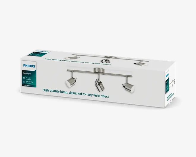 Hvid Philips-æske til en spot-skinne med tre lamper, vist med børstet metalfinish og justerbare cylindriske lampehoveder monteret på en vandret skinne.