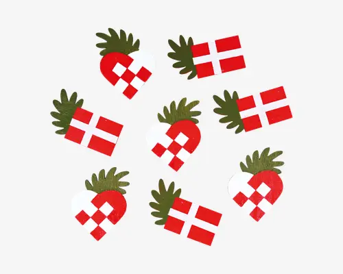 En samling dekorative genstande med to designs: det ene er et rødt og hvidt flettet hjerte med grøn top, og det andet er en rektangulær form, der ligner det danske flag med grøn top. Begge designs har en blank overflade og er udført med rene, tydelige linjer, hvilket gør dem velegnede til festlige lejligheder.