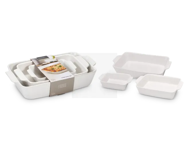 Sæt med fire hvide keramiske ovnfaste fade i forskellige størrelser, alle med lige sider og let udadbuede kanter for nem håndtering. Fadene kan stables ind i hinanden for pladsbesparende opbevaring. Overfladerne er glatte og blanke, hvilket gør dem velegnede til ovnbrug og nem rengøring.