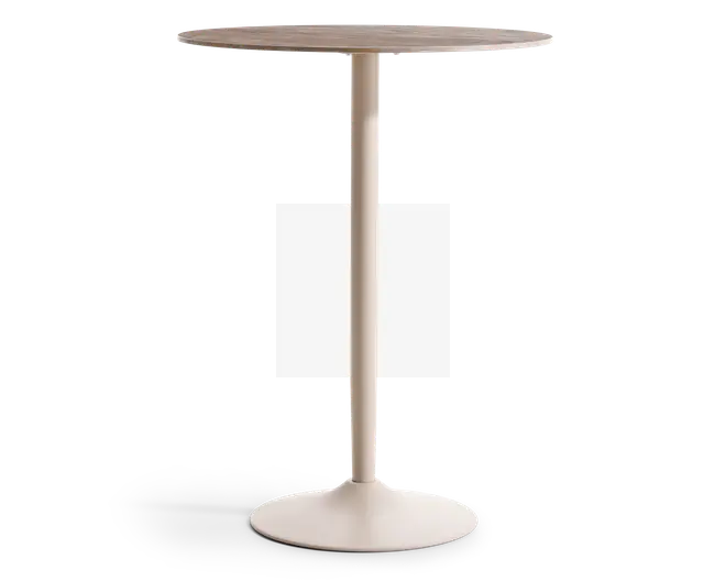 Rund bordplade med en glat, lys overflade, understøttet af en enkelt, slank midtersøjle i metal. Basen er bred og cirkulær, hvilket giver stabilitet. Designet er minimalistisk og moderne, velegnet til små rum eller som ståbord.