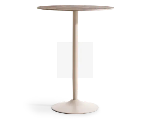 Rund bordplade med en glat, lys overflade, understøttet af en enkelt, slank midtersøjle i metal. Basen er bred og cirkulær, hvilket giver stabilitet. Designet er minimalistisk og moderne, velegnet til små rum eller som ståbord.