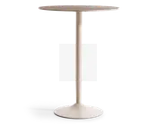 Rund bordplade med en glat, lys overflade, understøttet af en enkelt, slank midtersøjle i metal. Basen er bred og cirkulær, hvilket giver stabilitet. Designet er minimalistisk og moderne, velegnet til små rum eller som ståbord.