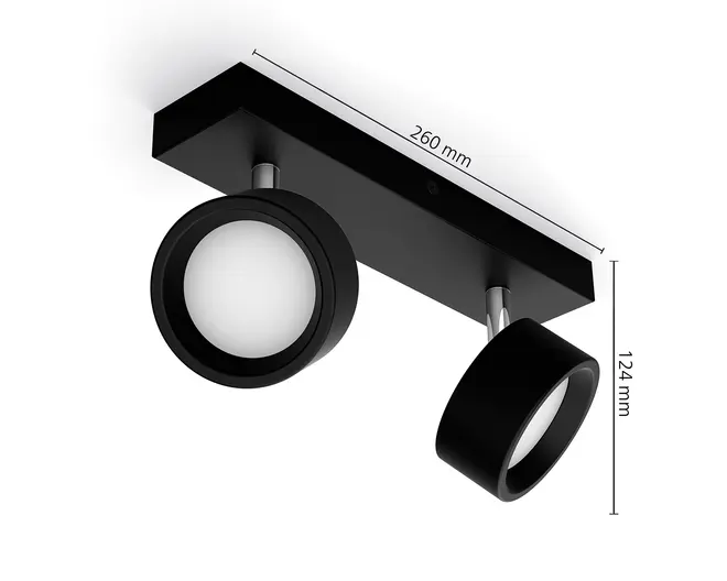 Sort loftslampe med rektangulær monteringsplade og to justerbare cylindriske spot-hoveder, vist med målene 260 mm i bredden og 124 mm i højden.