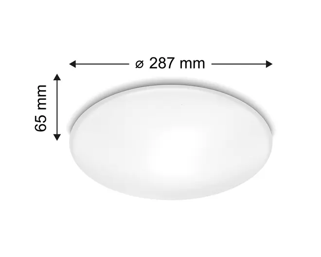 En rund, loftmonteret lampe med en glat, hvid overflade. Lampen har en diameter på 287 mm og en højde på 65 mm, hvilket gør den kompakt og velegnet til lave lofter. Designet er minimalistisk og moderne uden synlige skruer eller dekorative elementer.
